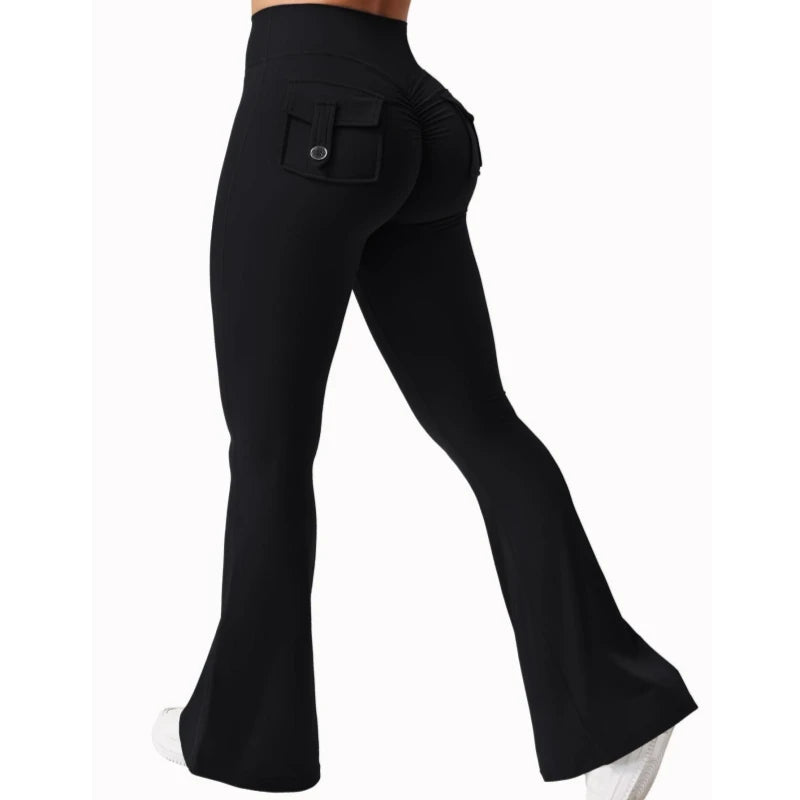 Black high stretch women's yoga leggings with a front pocket detail