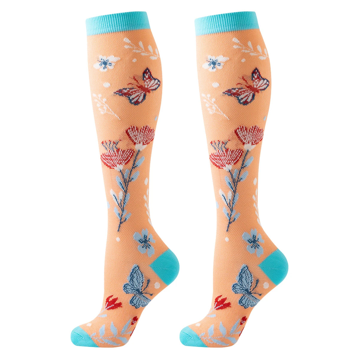 Pair of knee-high compression socks featuring a floral pattern with butterfly designs and teal cuffs.
