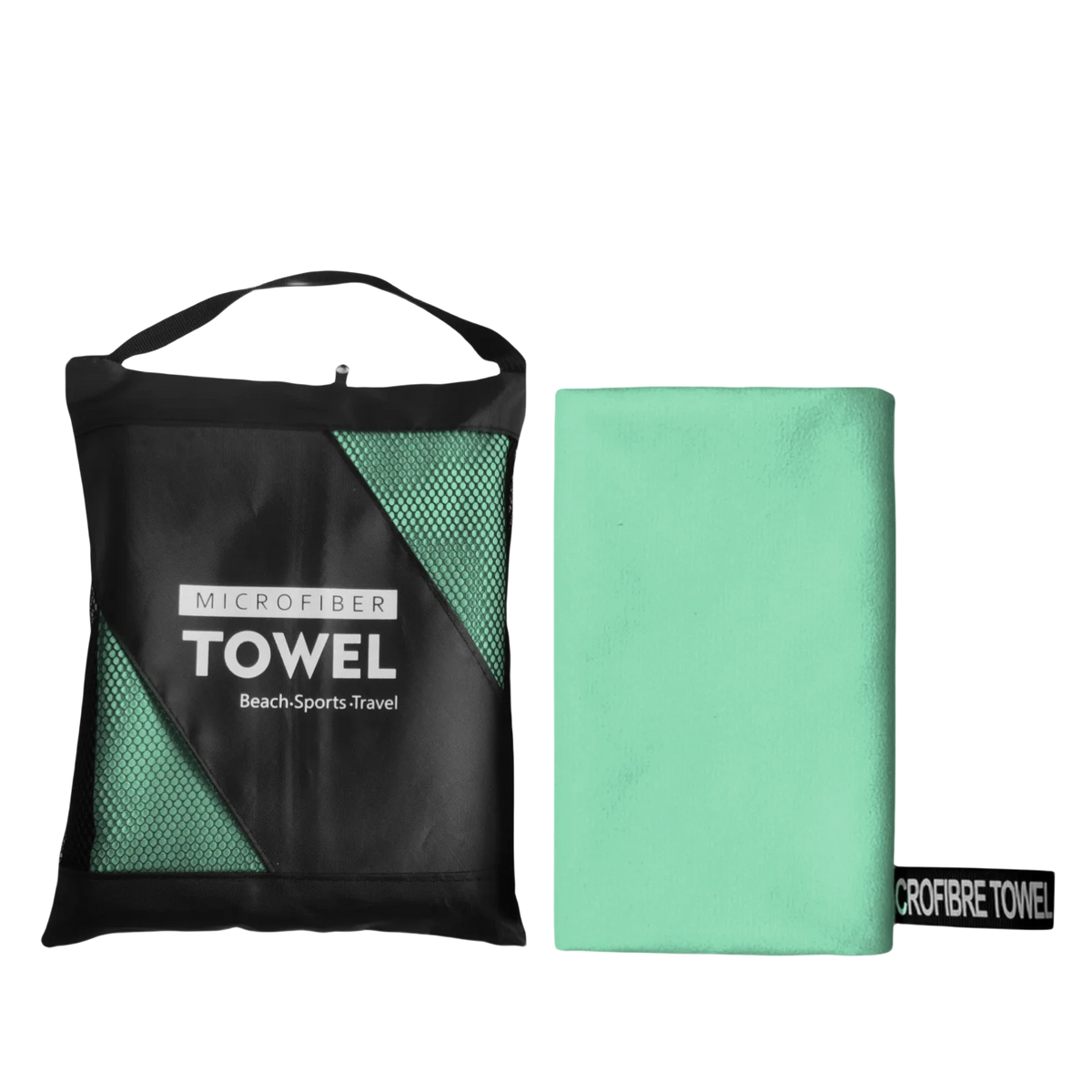 A black microfiber towel bag and a light green microfiber towel are shown side by side.