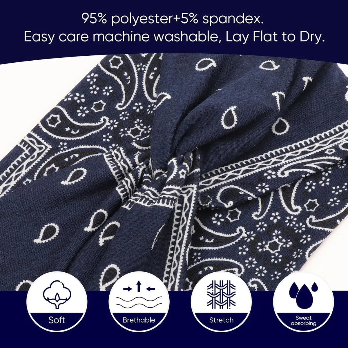 Dark blue patterned fabric headbands showing texture and details