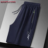 Navy blue men's quick dry jogging shorts with a drawstring and a vertical logo detail.