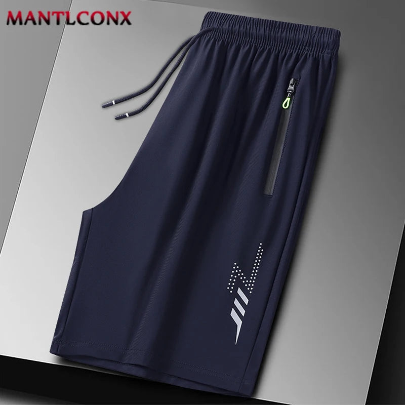 Navy blue men's quick dry jogging shorts with a drawstring and a vertical logo detail.