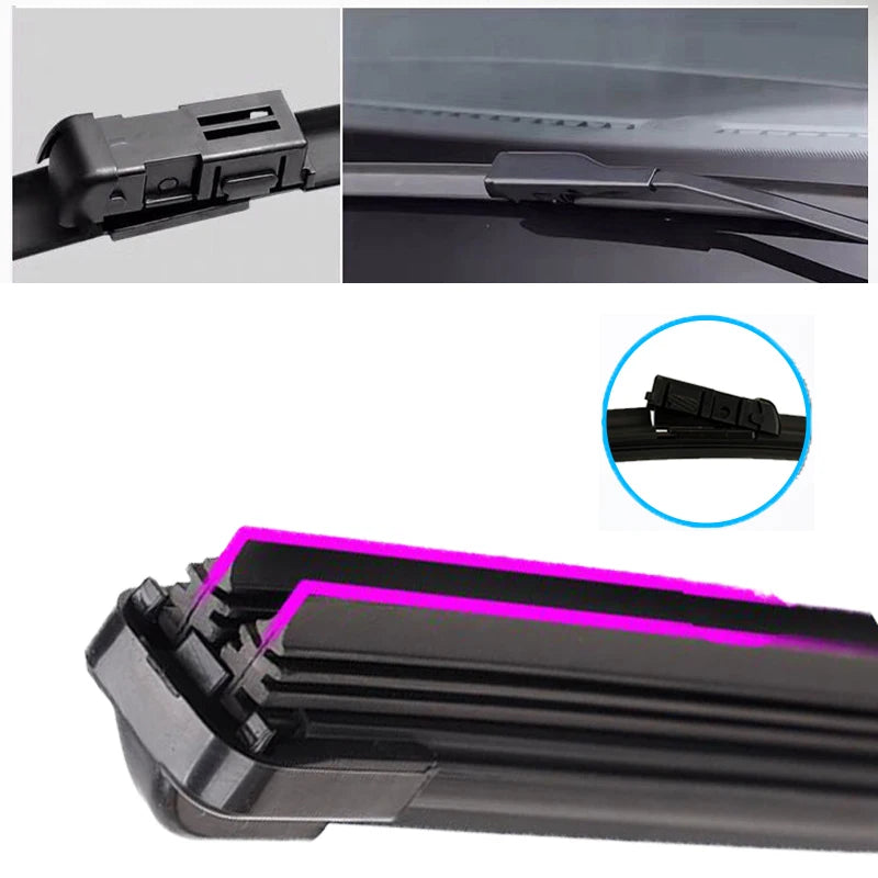 Close-up view of a black universal car wiper blade assembly and replacement parts.