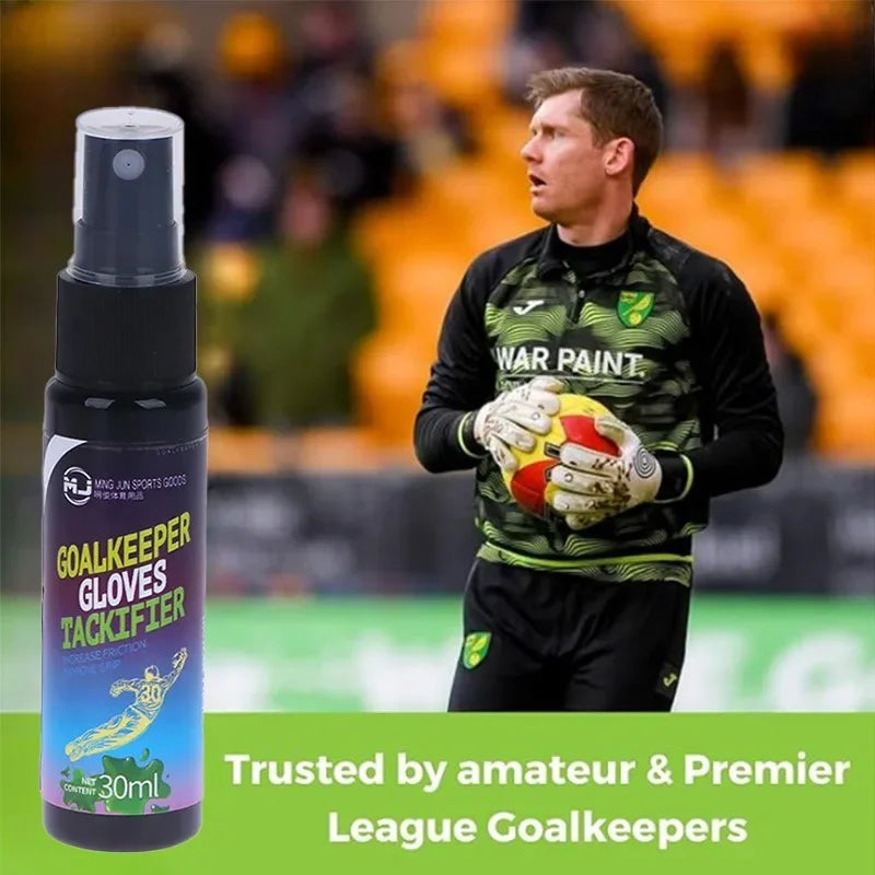 A pair of goalkeeper gloves and a spray bottle are shown in a sports context for amateur and Premier League goalkeepers.