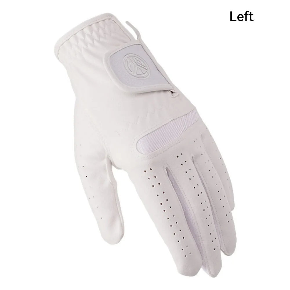 A white microfiber men's golf glove shown from the left side.