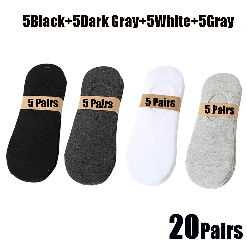 A collection of 20 pairs of breathable boat socks in black, dark gray, white, and gray colors.