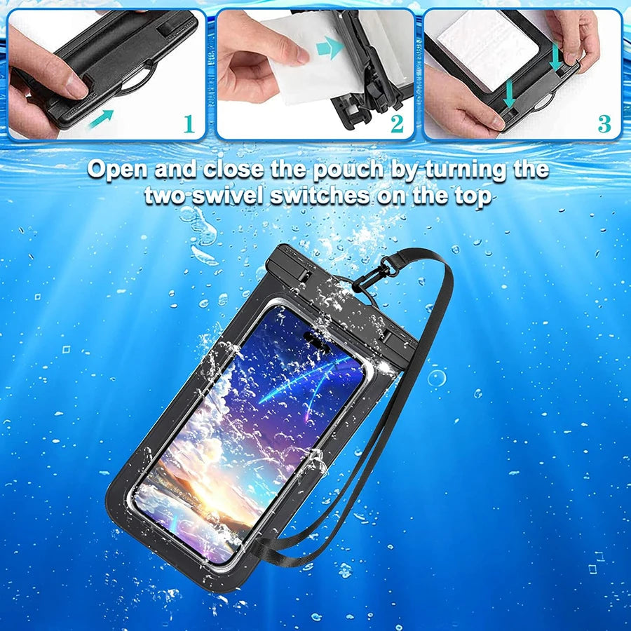 Bolsa impermeable negra para teléfono con instrucciones de apertura y cierre mediante dos interruptores giratorios