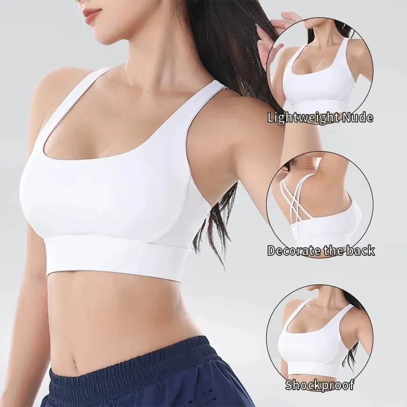 Weißes, atmungsaktives Nylon-Sport-BH für Damen Yoga, das leichte Design und Dämpfung hervorhebt