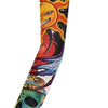 A colorful, long seamless tattoo sleeve featuring stylized skulls and abstract designs.
