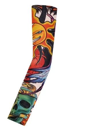 A colorful, long seamless tattoo sleeve featuring stylized skulls and abstract designs.