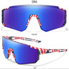 A pair of blue-tinted sunglasses with a red and white striped frame shown from the front and at a 45-degree angle.