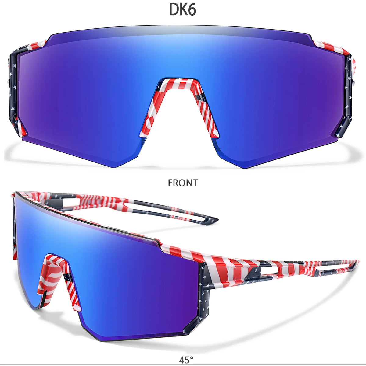 A pair of blue-tinted sunglasses with a red and white striped frame shown from the front and at a 45-degree angle.