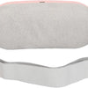 A light pink and gray portable menstrual heating pad with a fabric pad and adjustable strap.