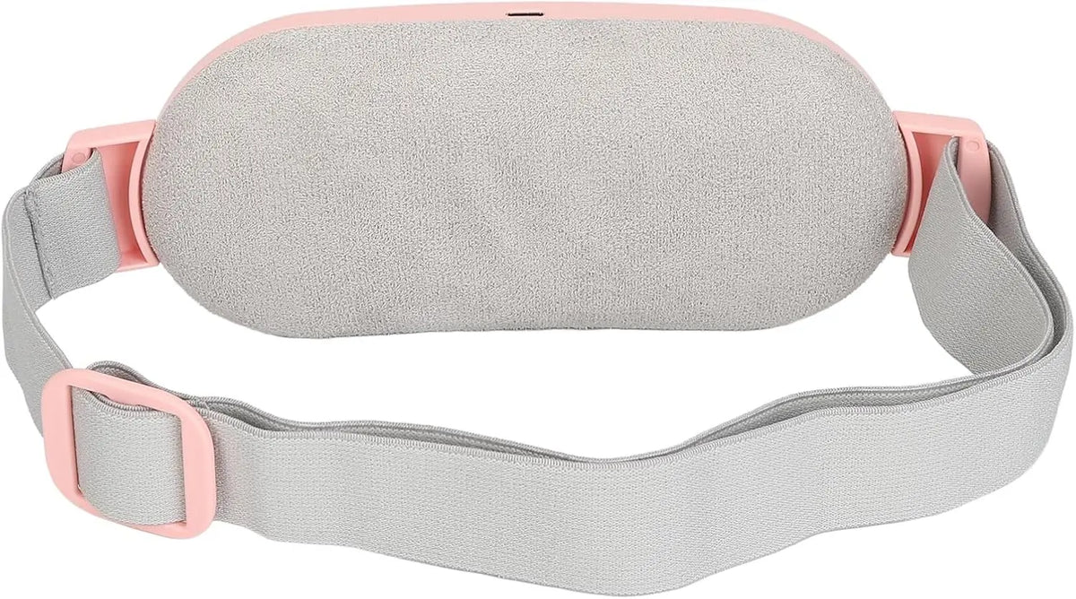 A light pink and gray portable menstrual heating pad with a fabric pad and adjustable strap.