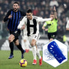 A close-up view of blue adjustable EVA soccer shin guards for protection.