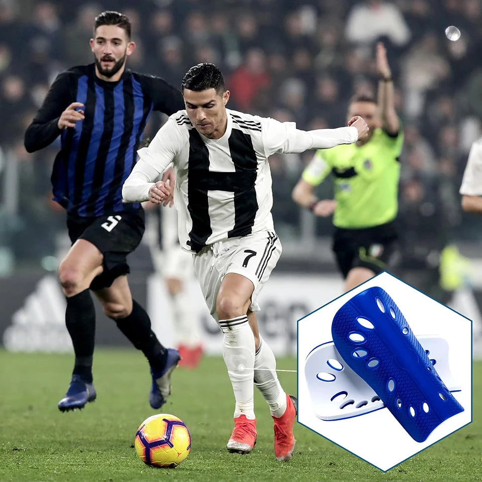 A close-up view of blue adjustable EVA soccer shin guards for protection.