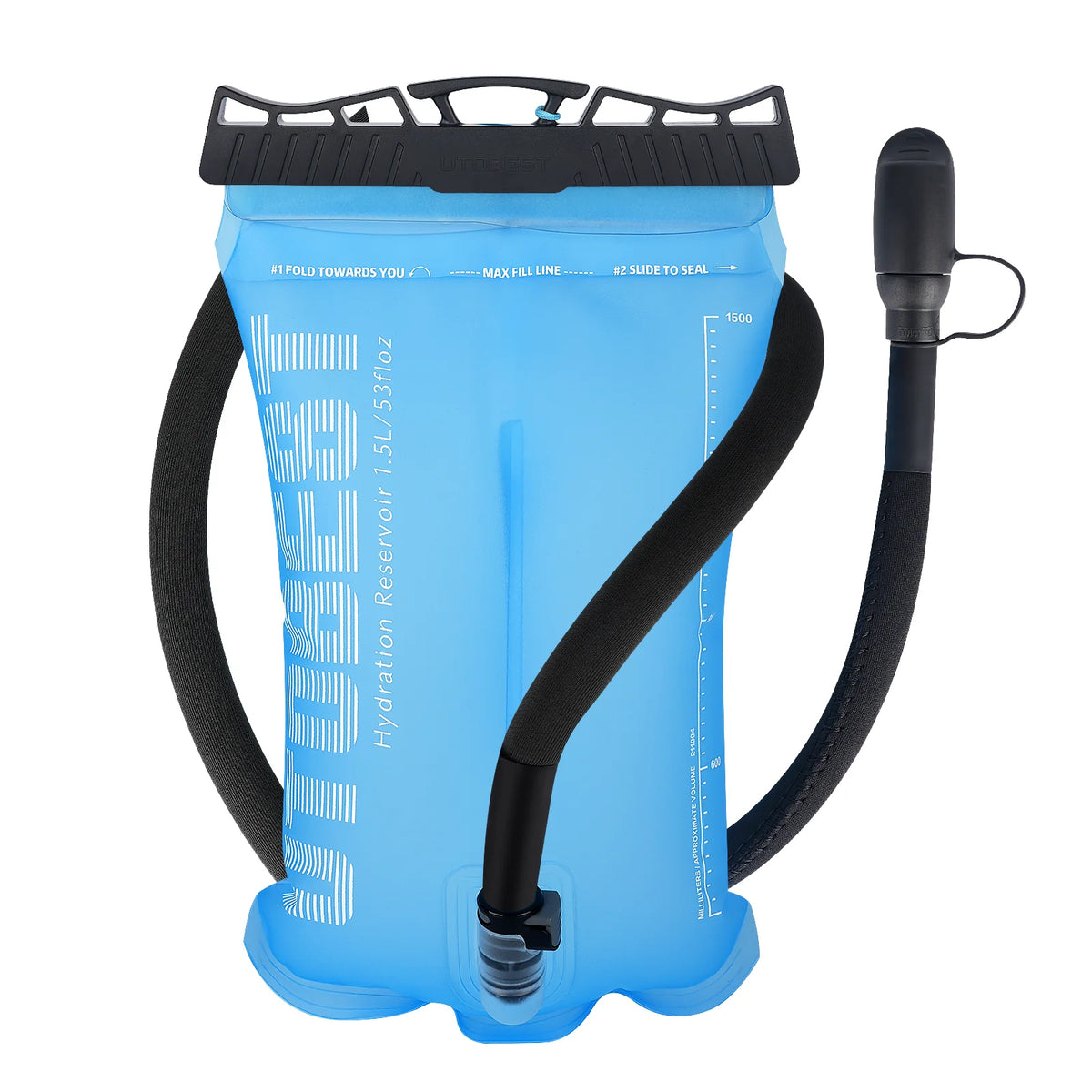 A blue hydration reservoir bladder with a black strap and mouthpiece is shown.