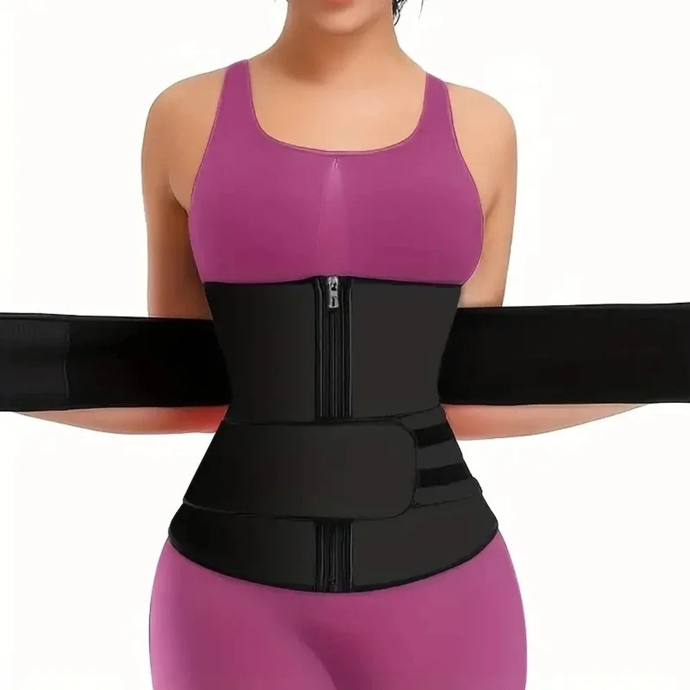 A woman wearing a purple body shaper waist trainer fitness belt designed to tighten the midsection.