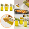A glass oil sprayer filled with yellow cooking oil, shown in various angles and usage contexts.