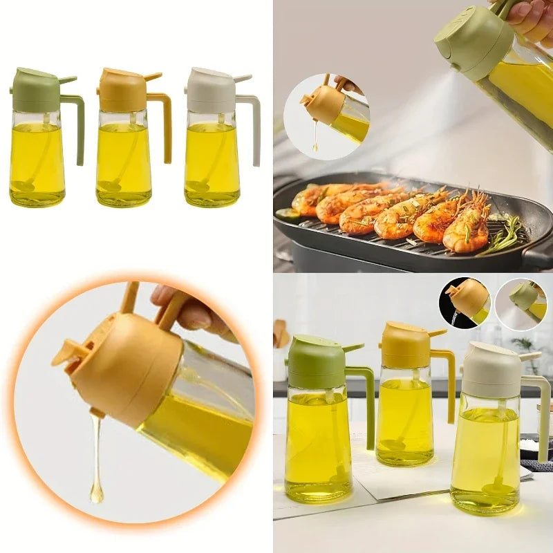 A glass oil sprayer filled with yellow cooking oil, shown in various angles and usage contexts.