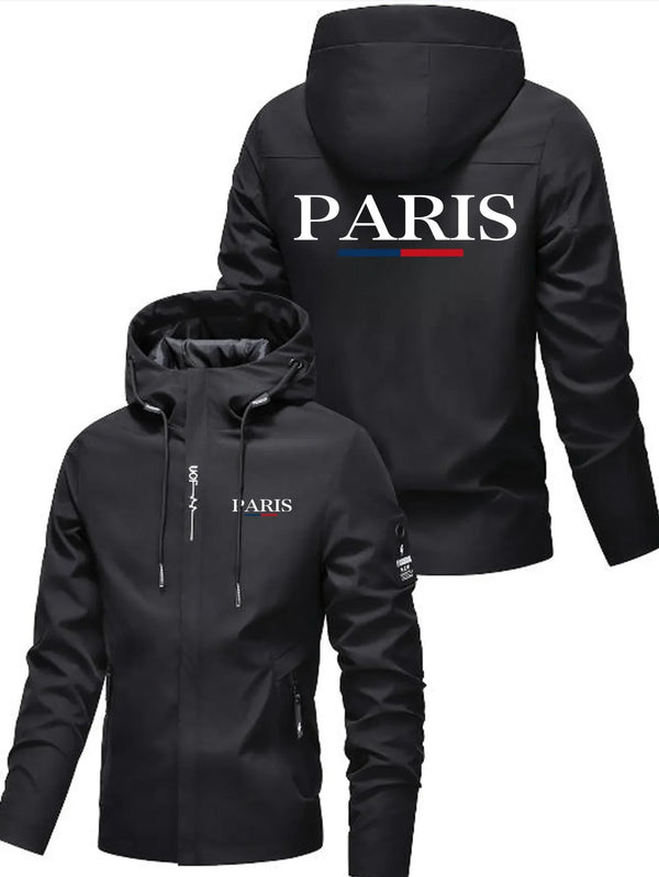 Black men's windproof outer jacket with white Paris text on the back and chest