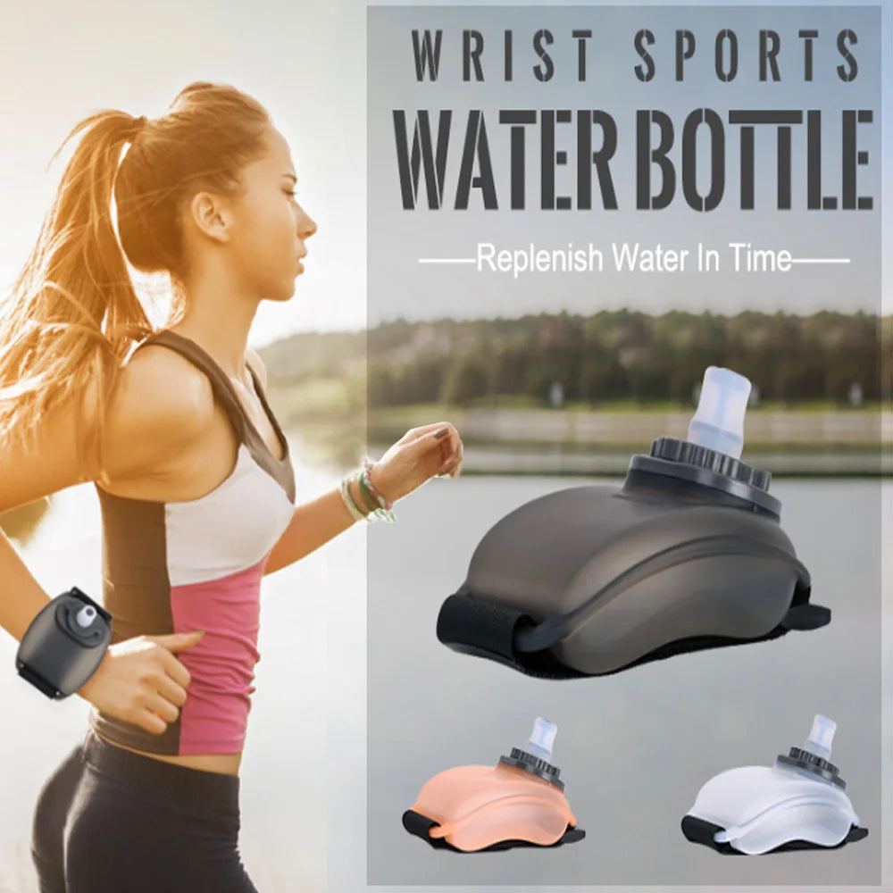 Hands-free silicone wrist water bottle shown in various colors and usage context.