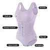Light purple stretchy shapewear bodysuit featuring a push-up design, tummy control, hip lift, open crotch, and wrapping featu