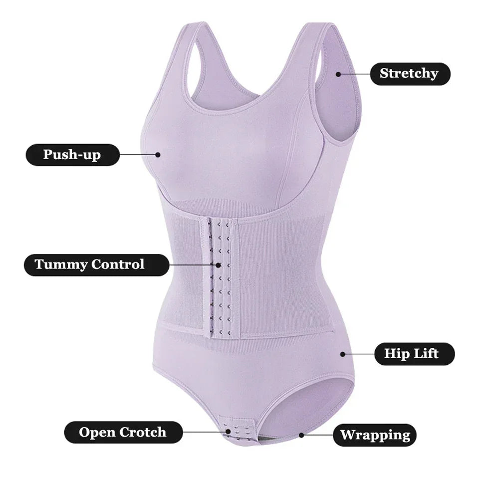 Light purple stretchy shapewear bodysuit featuring a push-up design, tummy control, hip lift, open crotch, and wrapping featu