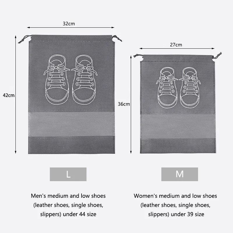 Two reusable non-woven shoe storage bags, labeled L and M sizes, showing the dimensions for men's and women's leather shoes.