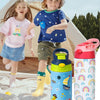 A child holds a cartoon pattern insulated stainless steel thermos cup outdoors.