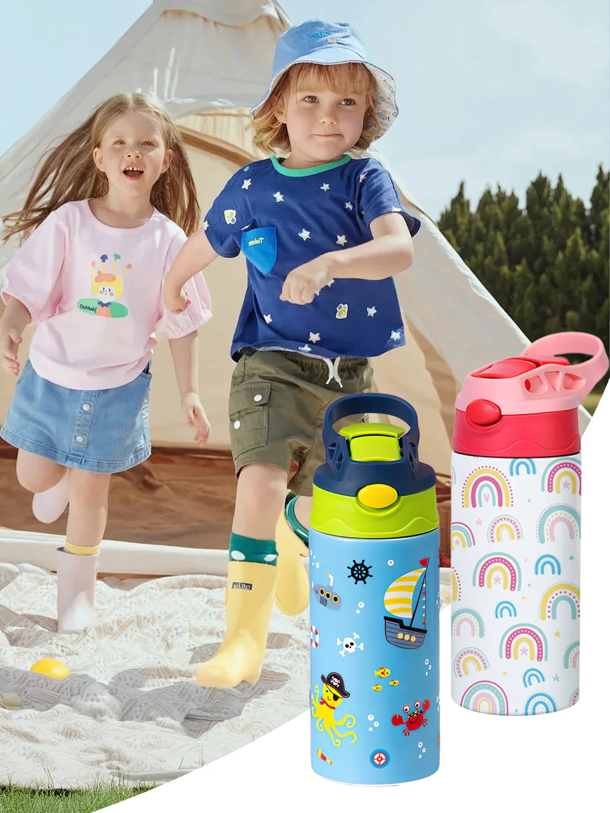 A child holds a cartoon pattern insulated stainless steel thermos cup outdoors.