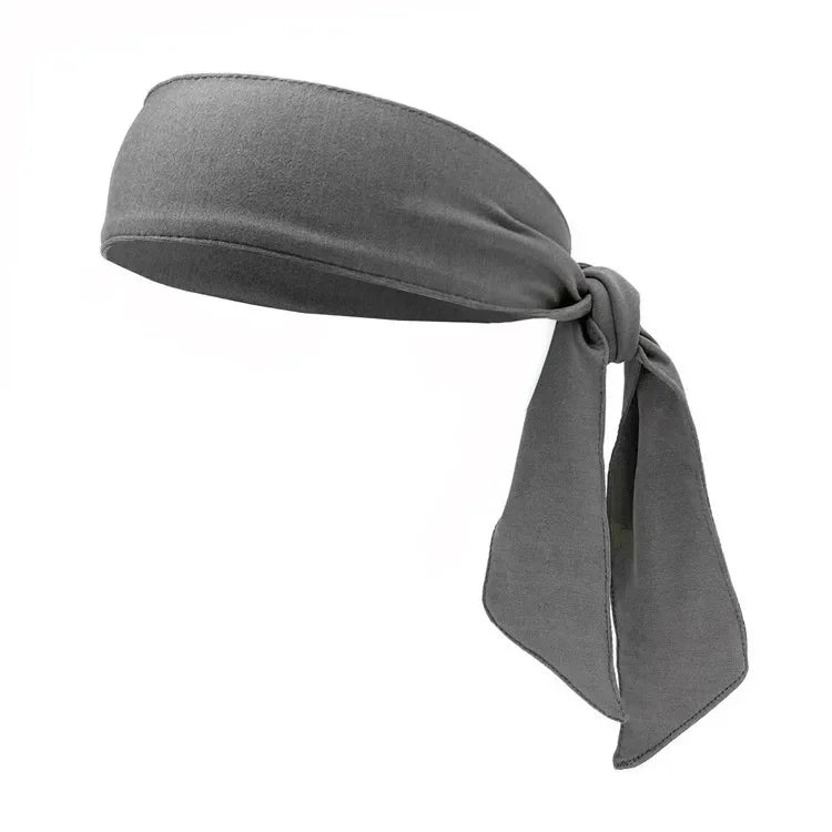 A gray breathable sports headband tied in a knot, shown from the side.