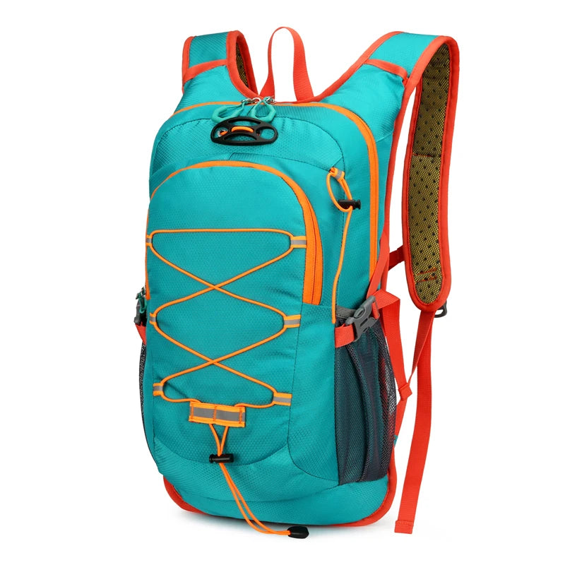 A teal outdoor backpack with orange accents and a gray mesh pocket on the front.