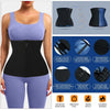 A woman wearing a black body shaping waist trainer corset and matching purple leggings, with product details shown.
