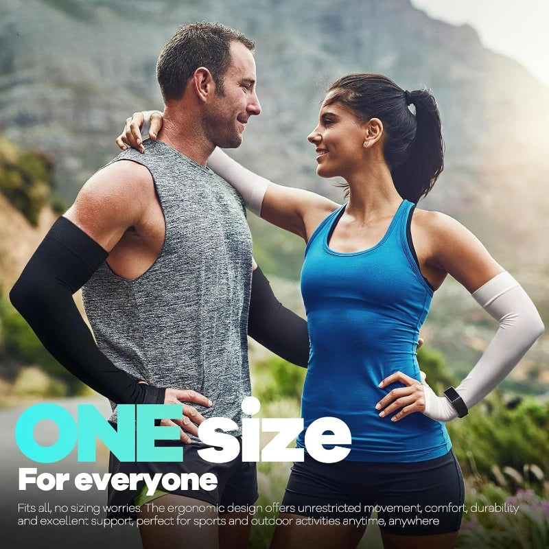 A man and a woman smiling while wearing UV protection arm sleeves for sports and workout.