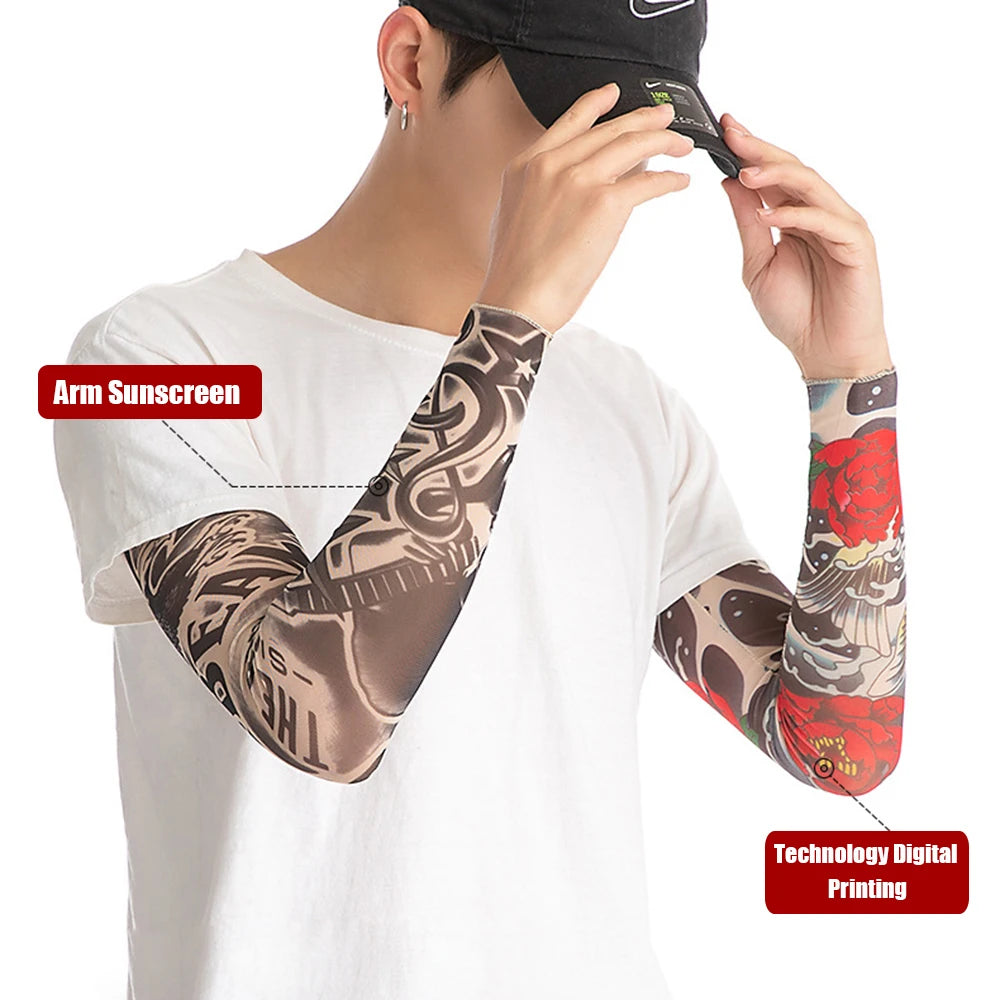 A person wearing a white t-shirt displays black and red UV protection arm sleeves with digital printing on their forearm.