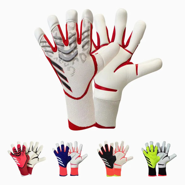 A set of premium latex goalkeeper football gloves in various colors and styles.