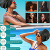 A woman is shown adjusting an extra large silicone swim cap for multiple hairstyles while in a swimming context.
