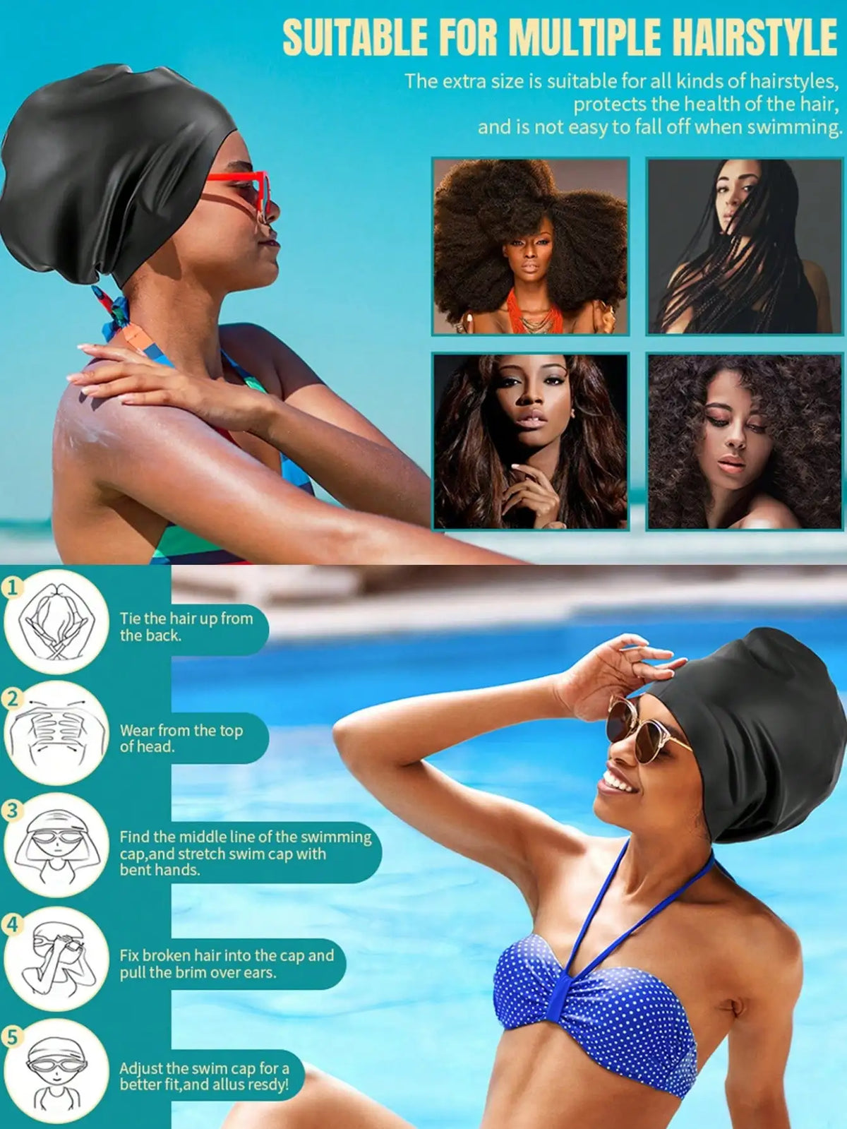 A woman is shown adjusting an extra large silicone swim cap for multiple hairstyles while in a swimming context.