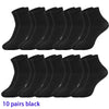 Zehn Paar schwarze, atmungsaktive Baumwoll-Socken für Herren, aufgereiht.