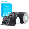 Roll of black kinesiology tape with white patterns and an OKTAPE box visible.