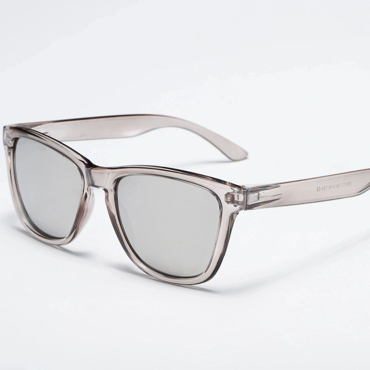 Clear gradient mirrored sunglasses with a translucent pink frame shown against a white background.