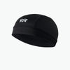 Black cycling cap with a white logo on a white background.