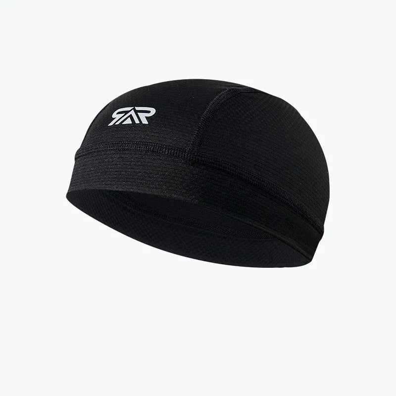 Black cycling cap with a white logo on a white background.