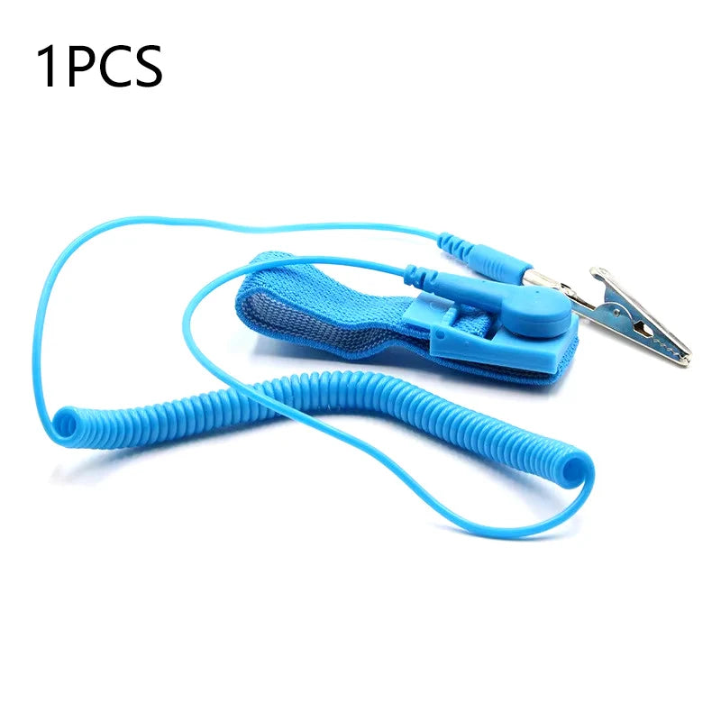 A blue adjustable ESD wrist strap with a plastic clip and cord for electronics safety.