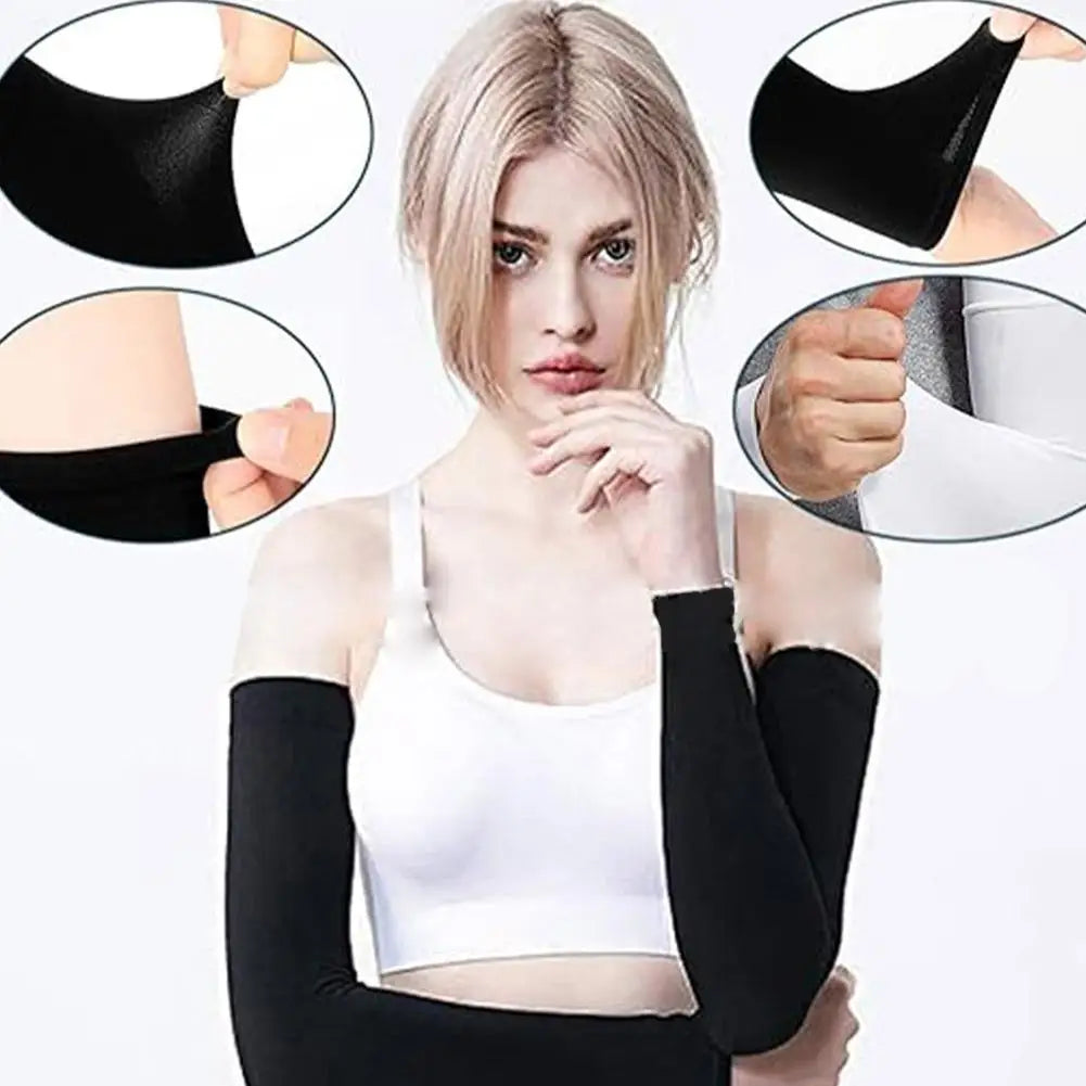 Modelo vistiendo mangas de nylon UV negro en brazos y torso, con imágenes detalladas del producto.