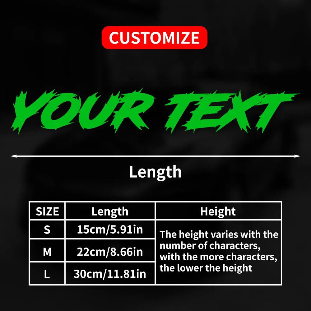 Graphique montrant les options de taille pour les autocollants de texte personnalisés, y compris petites, moyennes et grandes