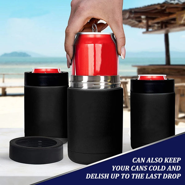 A hand holds a red insulated can, next to black storage containers and a separate lid.