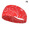 Red paisley patterned elastic sports headband shown from the side.
