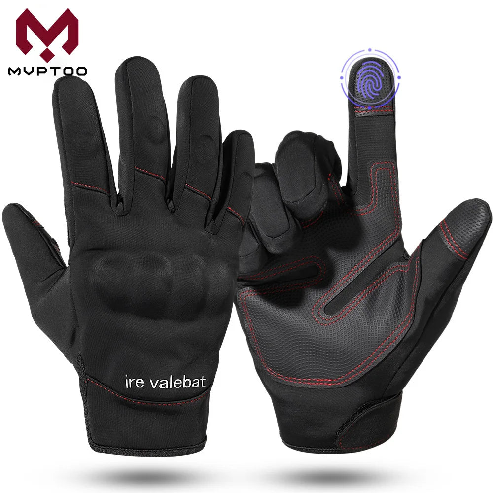 A pair of black touch screen thermal windproof outdoor gloves shown against a white background.